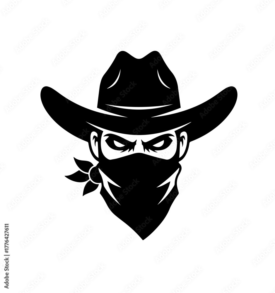 Samolepka A bold, monochrome illustration depicts a mysterious Western outlaw, his face ob