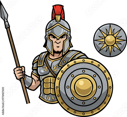 Macedonian Greek Warrior Vector Illustration with Silver Armor, Gold Shield, and Sun Emblem – Ancient Spearman