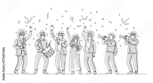 Group of people celebrating with masks hats and musical instruments under falling confetti in black and white