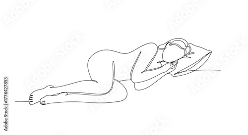 Continuous line drawing of a woman sleeping on her side hugging a pillow in a minimalist style art