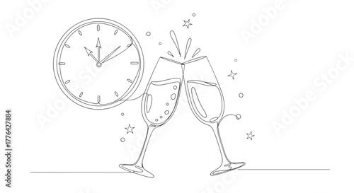 Continuous line drawing of champagne glasses toasting with a clock showing almost midnight time celebration