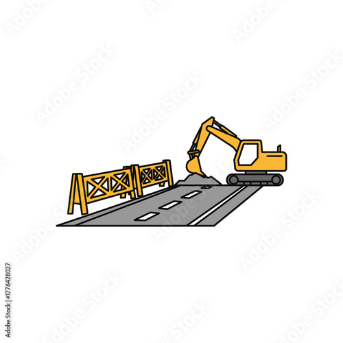 Excavator digs up asphalt road near wooden barriers during construction project, showcasing infrastructure development and traffic management.