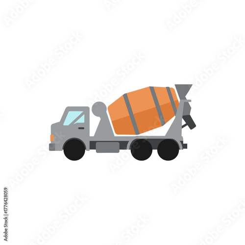 Cement mixer truck transports concrete at construction site, symbolizing industry and transportation with its orange drum and gray body.