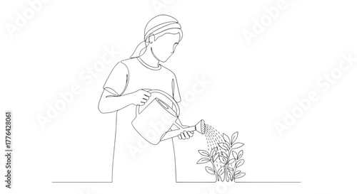 Line drawing of a woman watering plants with a watering can in a minimalist style illustration art