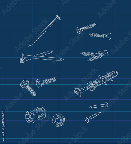 Screws, bolt, nut, wall plug and rivets set drawing in graphic style on blue background