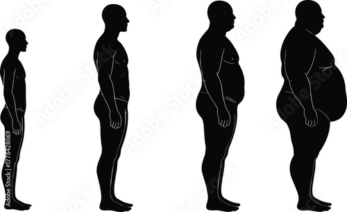Human body silhouette showing weight gain stages from slim to obese, representing obesity, health, lifestyle, diet, and fitness concept illustration