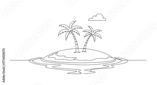 A simple line drawing of a tropical island with two palm trees and a cloud in black and white style