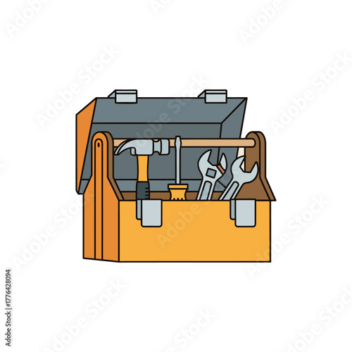 Open toolbox containing hammer, wrenches, and other tools sitting on white surface, representing repair work and home improvement projects.