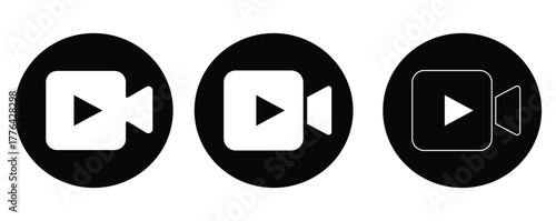 Black and White Video Camera Icons, Monochrome Play Button Symbol Vector Set for Media and Recording Apps