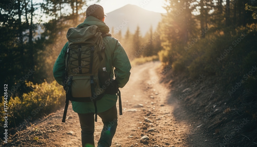 Fototapeta premium Back view of a person with a backpack hiking on a forest trail. Hiker walking towards a mountain during a golden hour sunset. Outdoor adventure and travel concept