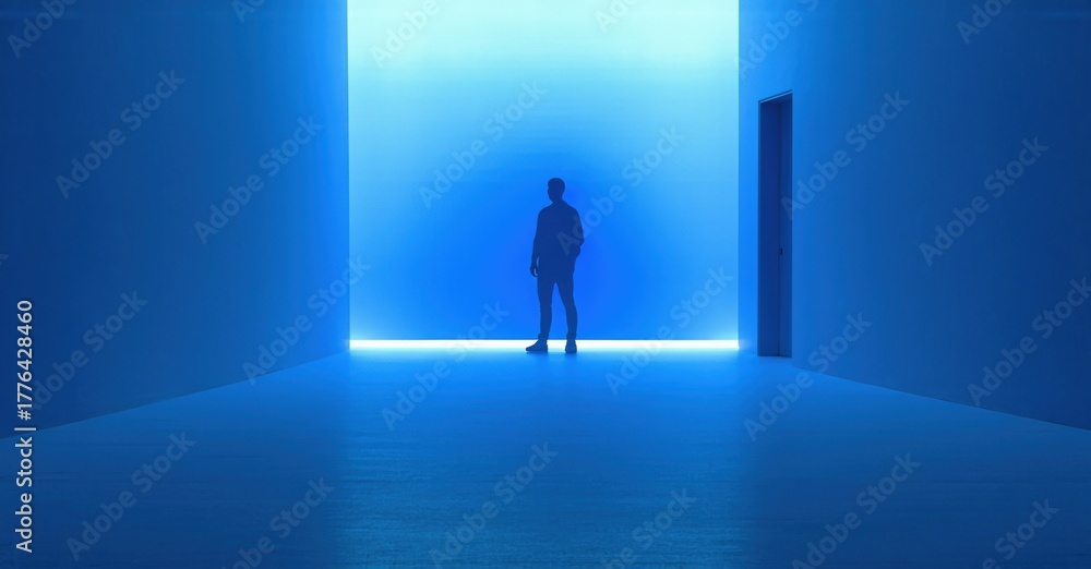 Obraz premium Minimalist room features person silhouetted within bright blue light. Empty space evokes isolation, contemplation. Modern design.