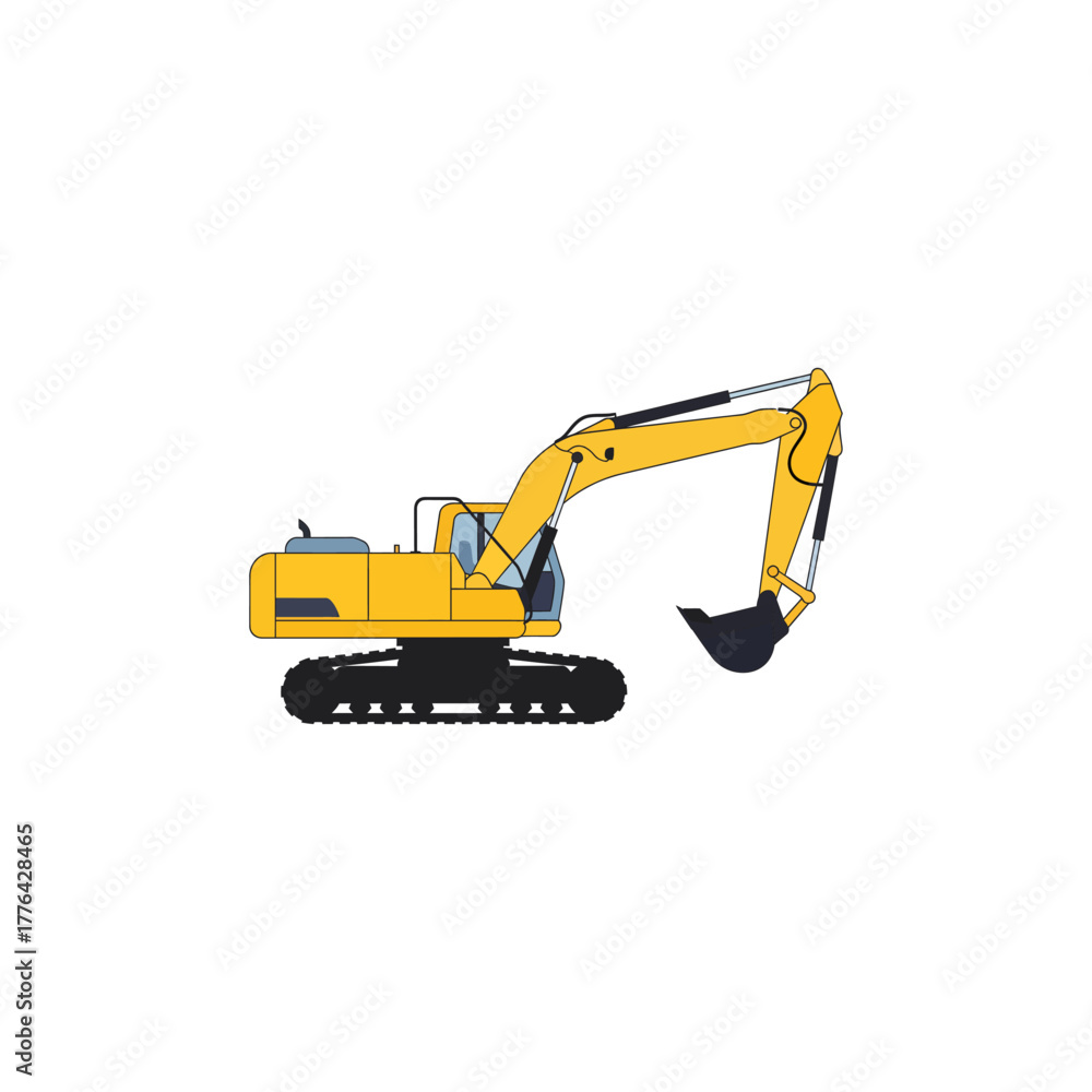 Naklejka premium Yellow excavator digs earth at construction site during daytime, showcasing heavy machinery and industrial activity in a modern setting.