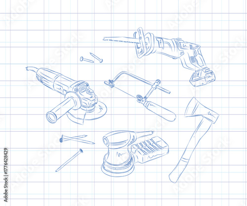Woodworking construction tools set angle grinder, saw, reciprocating saw, sander, axe drawing in graphic style on light background