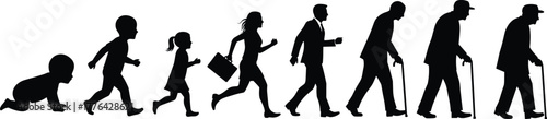 Human life stages evolution concept showing growth from baby to old age, representing aging process, lifestyle, and time progression, silhouette design