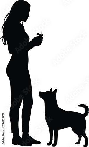 Silhouette of a woman training her dog with treat, pet obedience practice, outdoor bonding, loyal friendship, animal care, companionship