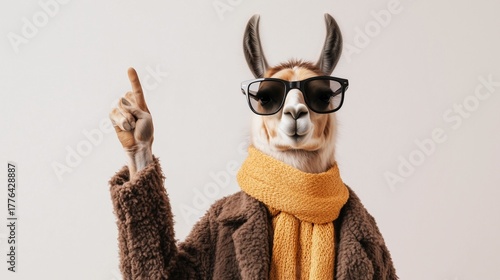 Llama in winter attire pointing up for fun Christmas advertising or holiday marketing campaigns