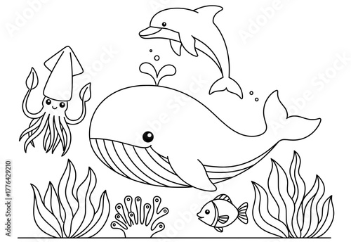 Coloring page featuring a playful dolphin, a majestic whale, and a curious squid swimming among vibrant seaweed and coral, perfect for creative holiday fun