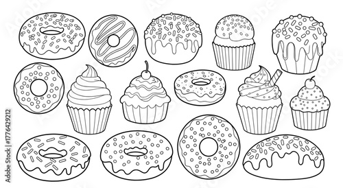 Coloring page featuring various delicious desserts including donuts and cupcakes, perfect for holiday creativity and festive fun during Christmas celebrations