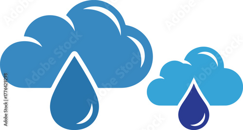 Two rain clouds with large raindrops falling against a dark black background scene