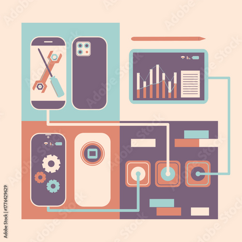 illustration of several electronic devices such as a cell phone and a tablet whose battery was being charged. A concept illustration about gadgets and gadget repair. Can be edited to suit the need of 