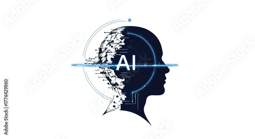 Futuristic AI concept with a digital human head and glowing data streams