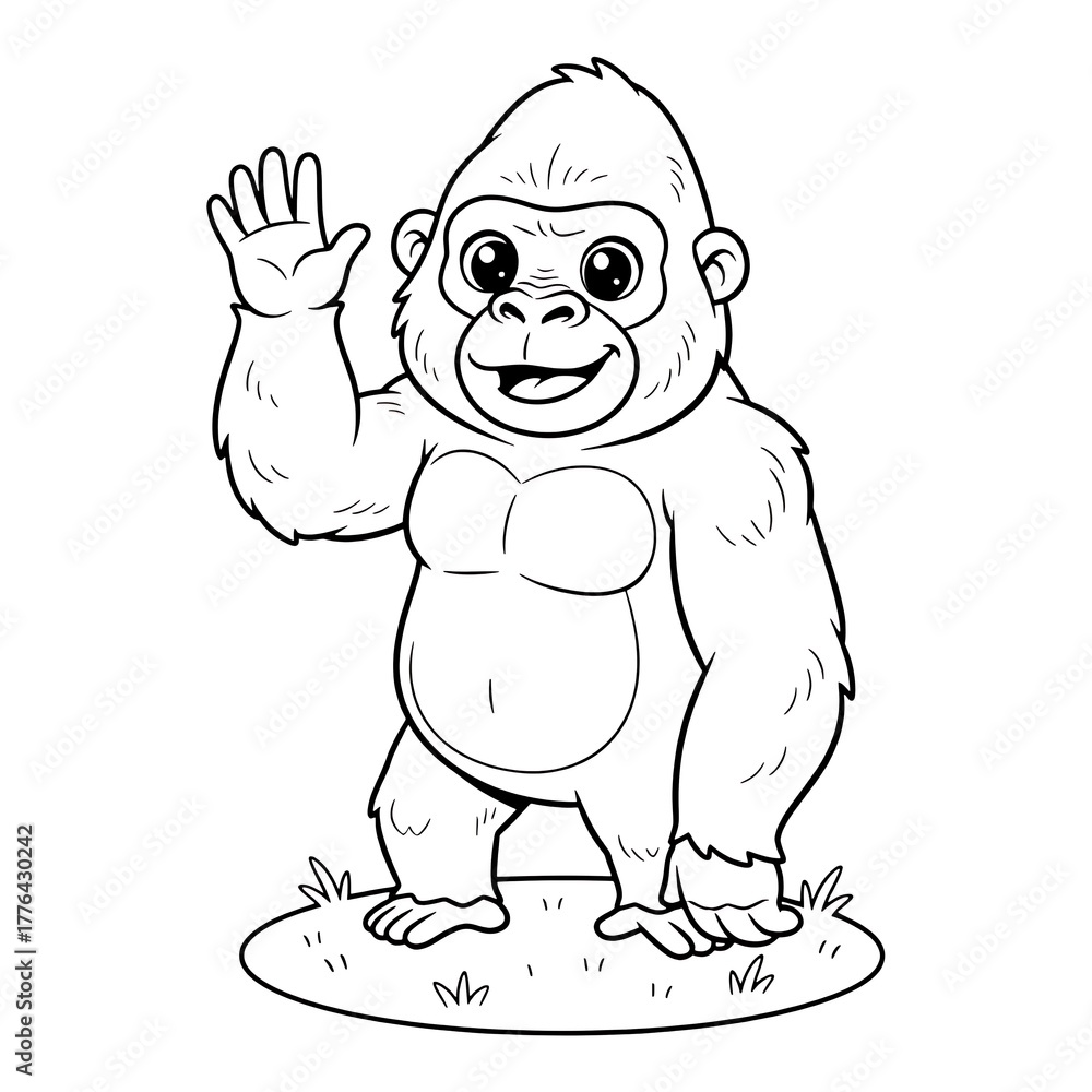 Obraz premium Cartoon gorilla waving hello standing on grassy mound black and white primate animal