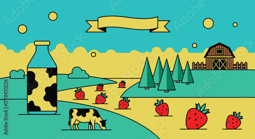 Farm fresh milk and strawberry illustration with cute cow and barn