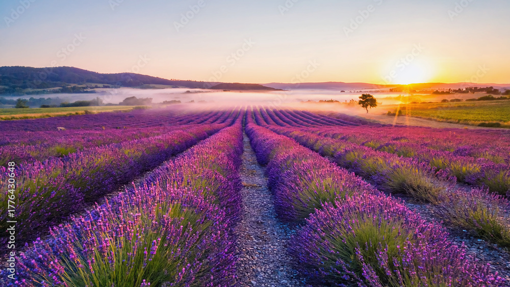 Obraz premium Photorealistic lavender field at sunset with bright orange sky and mountains in background in warm summer evening light