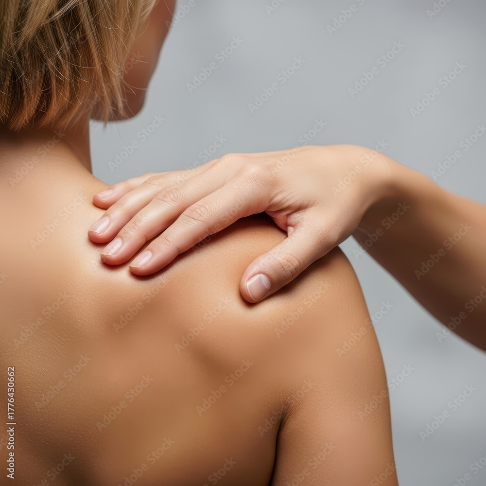 Fototapeta premium A hand gently rests on a womans bare shoulder
