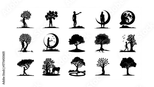 Dream and reality silhouette illustration set, surreal human imagination, flying thoughts, fantasy and truth concept, deep meaning black vector art on white background
