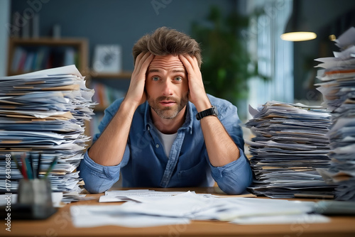 Overwhelmed man surrounded by stacks of paperwork, illustrating stress and disorganization in a business environment.