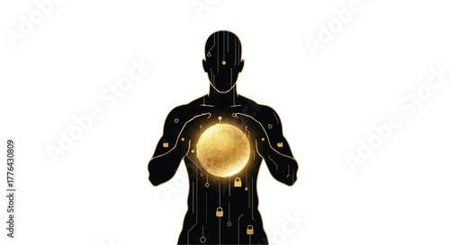 Digital silhouette holding glowing golden orb, symbolizing technology and human connection.