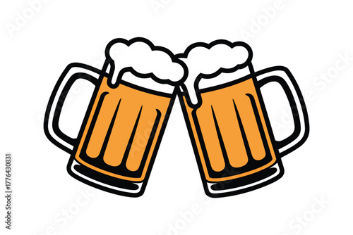 Cheers two frothy beer mugs clinking together celebrating a happy occasion with bright yellow liquid and white foam white Background,
