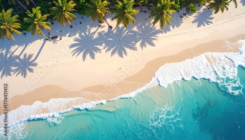 Fototapeta Naklejka Na Ścianę i Meble -  Aerial view of a tropical island coastline with palm trees casting shadows on a white sand beach beside turquoise ocean waves during daytime