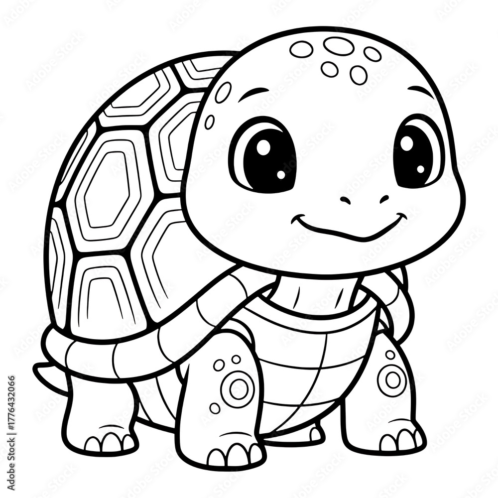 Fototapeta premium Cute cartoon turtle outline smiling with big eyes and patterned shell tortoise animal