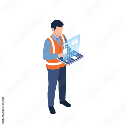 Vector Illustration of Man in Safety Vest Holding Digital Interface