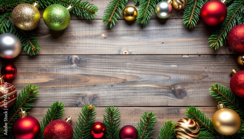 Festive christmas ornament arrangement rustic wood background holiday decor natural environment top-down perspective celebration concept