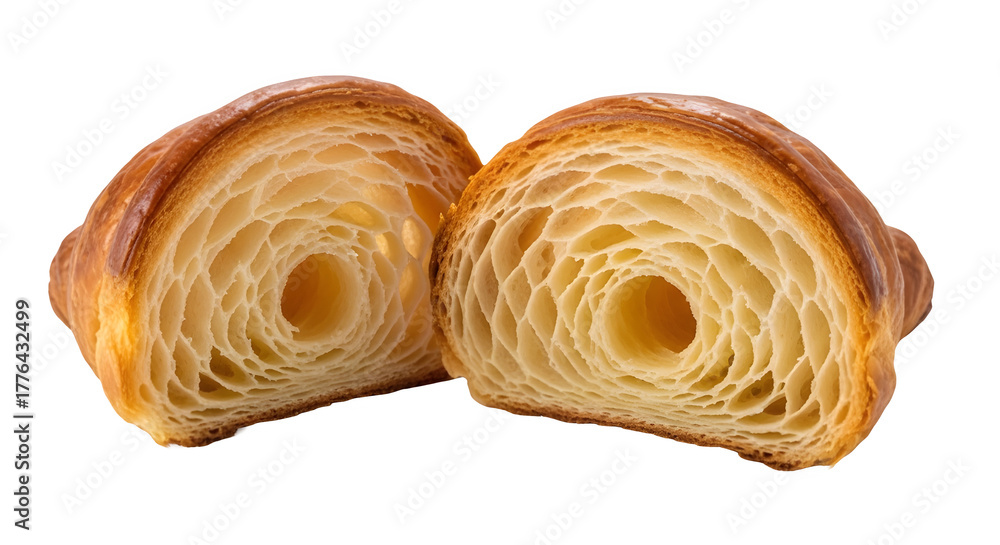 Fototapeta premium Classic Golden Brown Croissant Cut in Half Revealing Flaky Interior Product Shot isolated PNG with Transparent Background