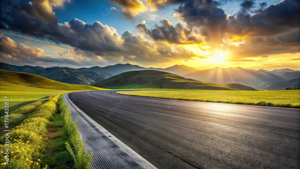 Naklejka premium Asphalt Road Winding Through Lush Green Hills at Sunset, a Scenic Drive Offering Breathtaking Mountain Views