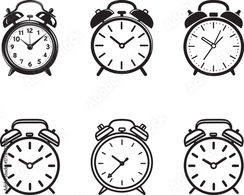 Six black and white alarm clocks with different time settings.