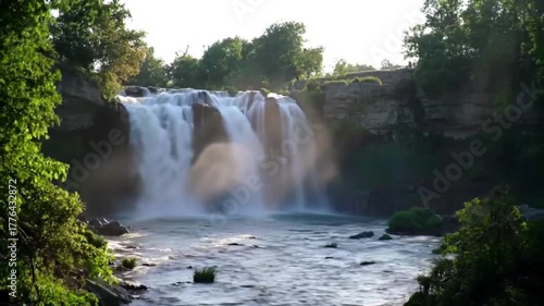 Waterfall cascading into river surrounded by lush greenery  