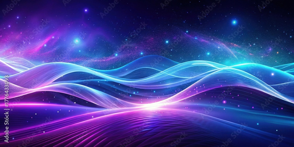 Fototapeta premium Abstract Cosmic Landscape Vibrant Waves of Light and Energy Across a Starry Nightscape