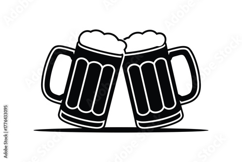 Beer mug cheers silhouette vector art illustration on white background  Monochrome Clinking Beer Glasses Vector Illustration