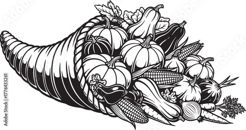 A cornucopia filled with a variety of vegetables and fruits, including pumpkins, squash, corn, and carrots, set vector illustration
