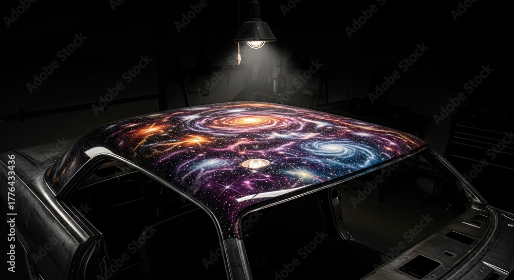 Fototapeta premium Custom car airbrushing with a vibrant galaxy and space theme on a car roof in a dark garage