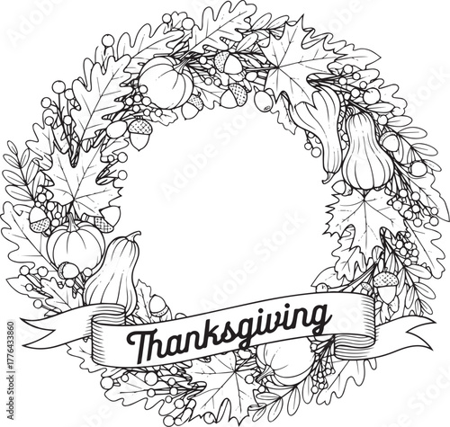 A hand-drawn, black-and-white illustration of a Thanksgiving wreath with pumpkins, gourds, and leaves.