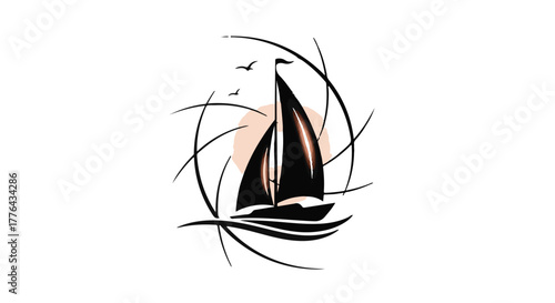 Elegant sailboat glides across serene waters under a warm, stylized sun with birds in flight.