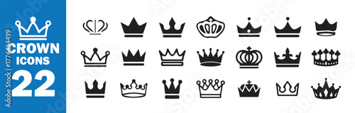 Crown Icon Set, Royal King and Queen Silhouette Collection
