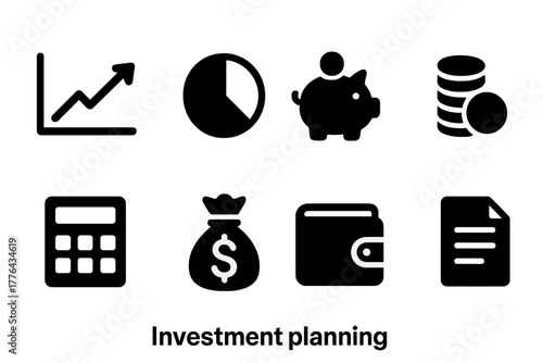 Investment Icons Set. Investment planning. Filled icon set of investment planning: graph, chart, piggy bank,