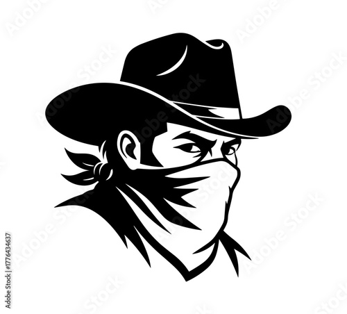 This striking black and white graphic depicts a Western outlaw or cowboy, his face masked by a bandana and shaded by a hat, leaving only his intense, focused eyes visible